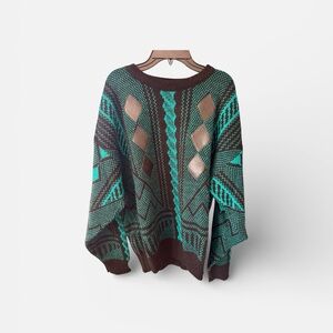 Men's Geometric Brown and Teal Crewneck Sweater- AZTEC XL